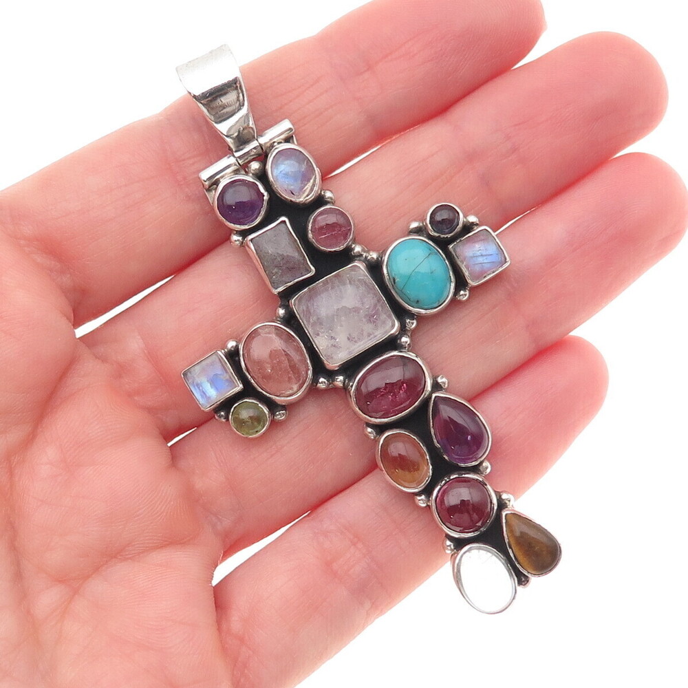 Sajen Sterling Silver Vintage Real Tourmaline Moonstone Turquoise Cross Pendant